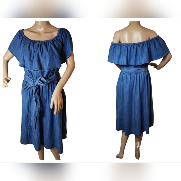 Lane Bryant On/Off Shoulder Blue Chambray Belted Dress Side Pockets Sz 14/16 1X - Picture 7 of 14